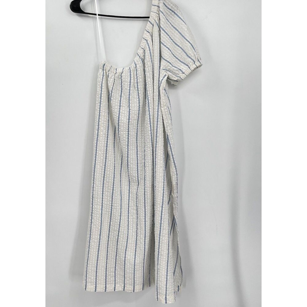 Madewell Large One Shoulder Dress Womens Blue White Striped Seersucker NJ887 - Picture 1 of 5
